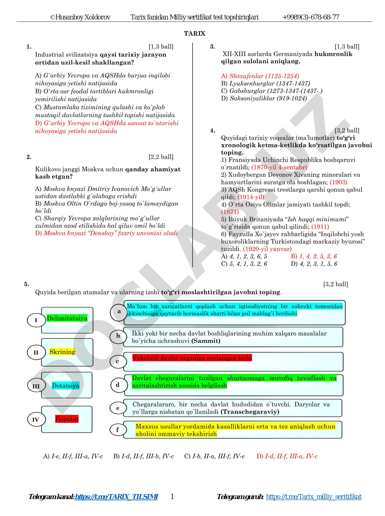 Tarix fanidan Milliy sertifikat test topshiriqlari