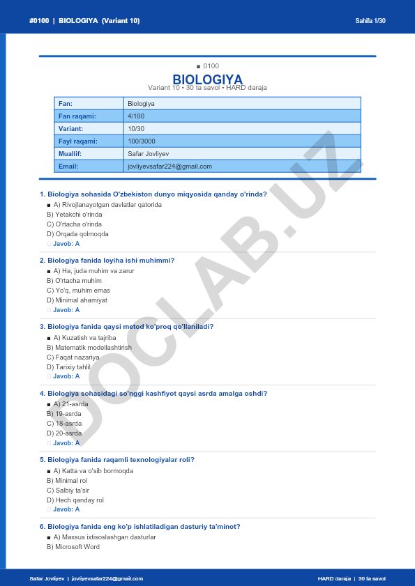 Biologiya fanidan test savollari (Variant 10)
