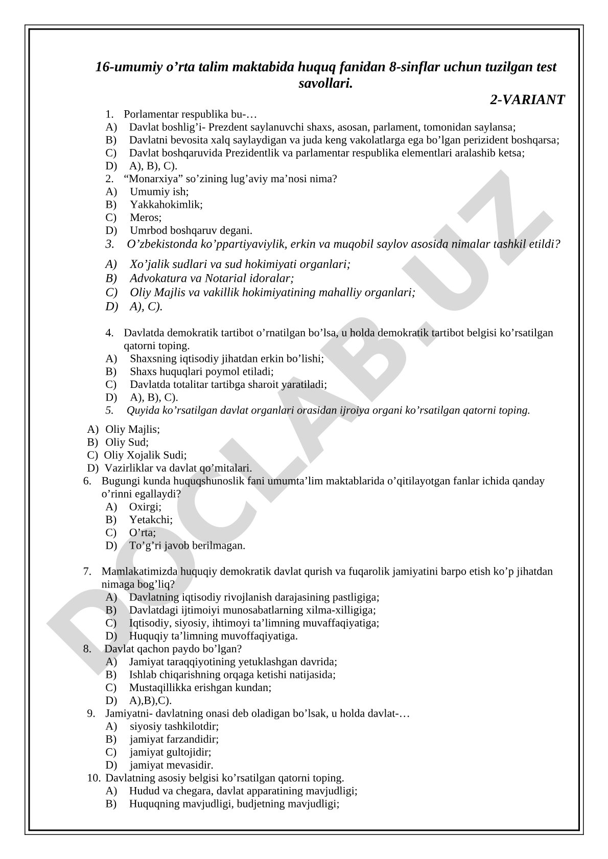 8-sinf huquq fanidan test savollari 2-variant