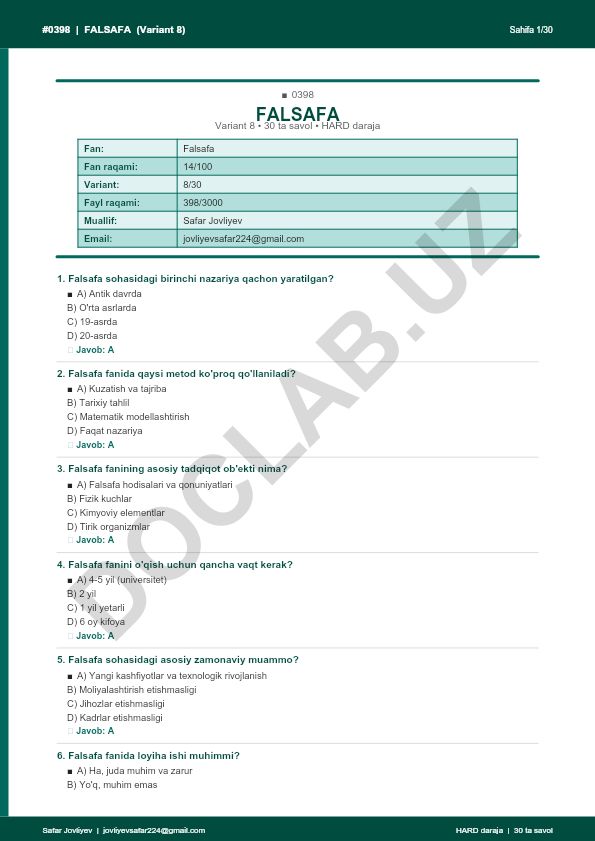 Falsafa fanidan test savollari (Variant 8)
