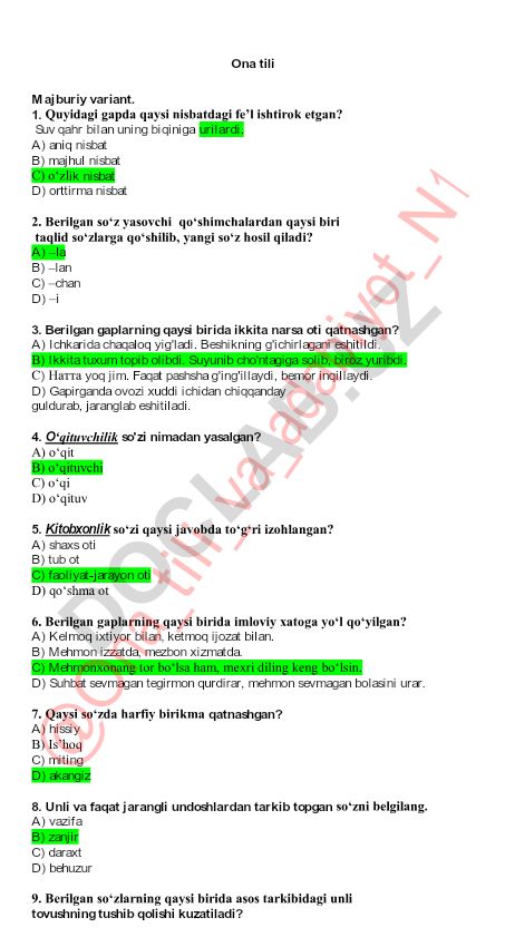 Ona tili test savollari va javoblari