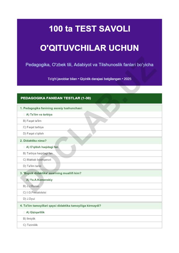 Pedagogika, O'zbek tili, Adabiyot va Tilshunoslik fanlari bo'yicha test savollari