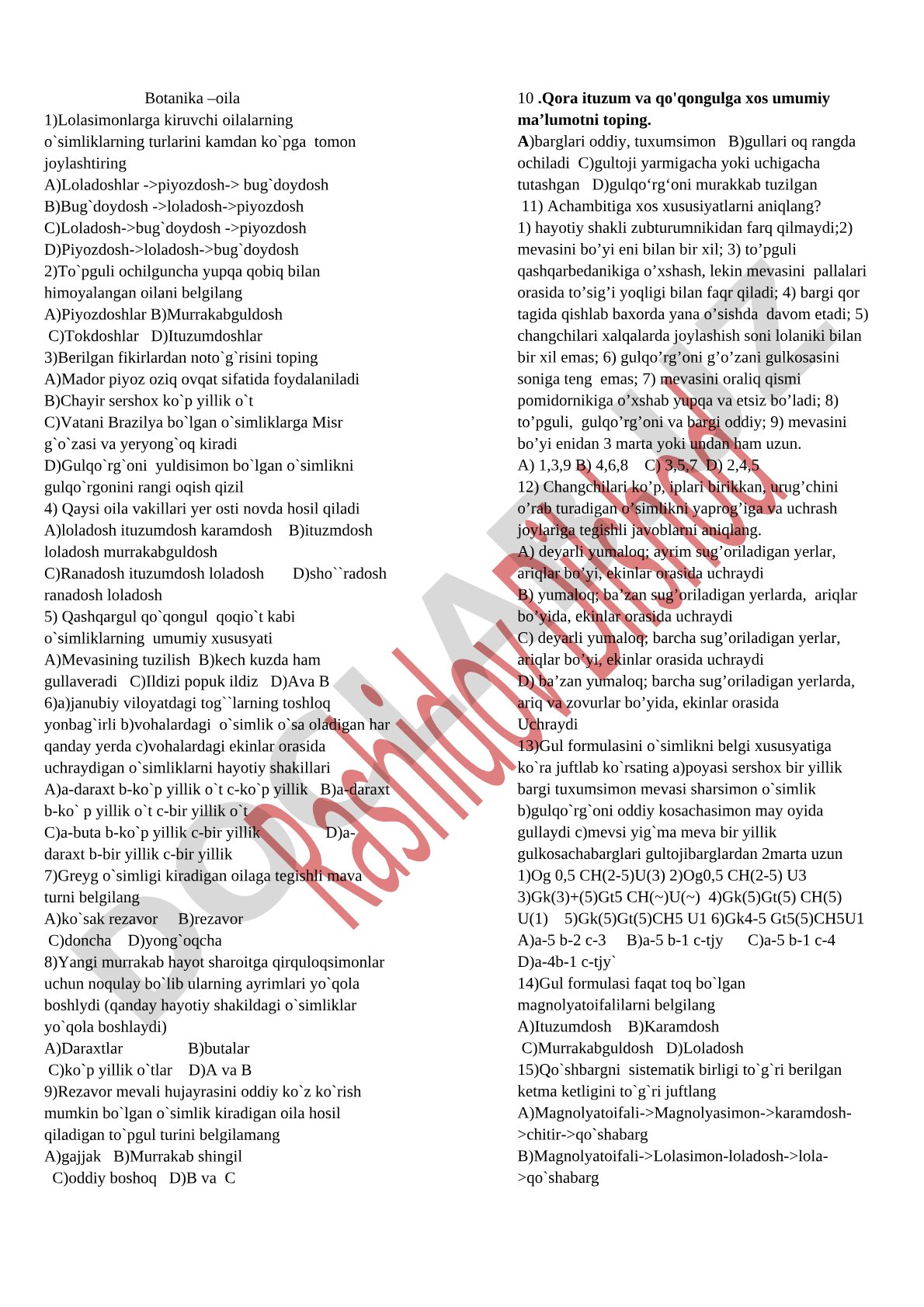 Botanika fanidan test savollari