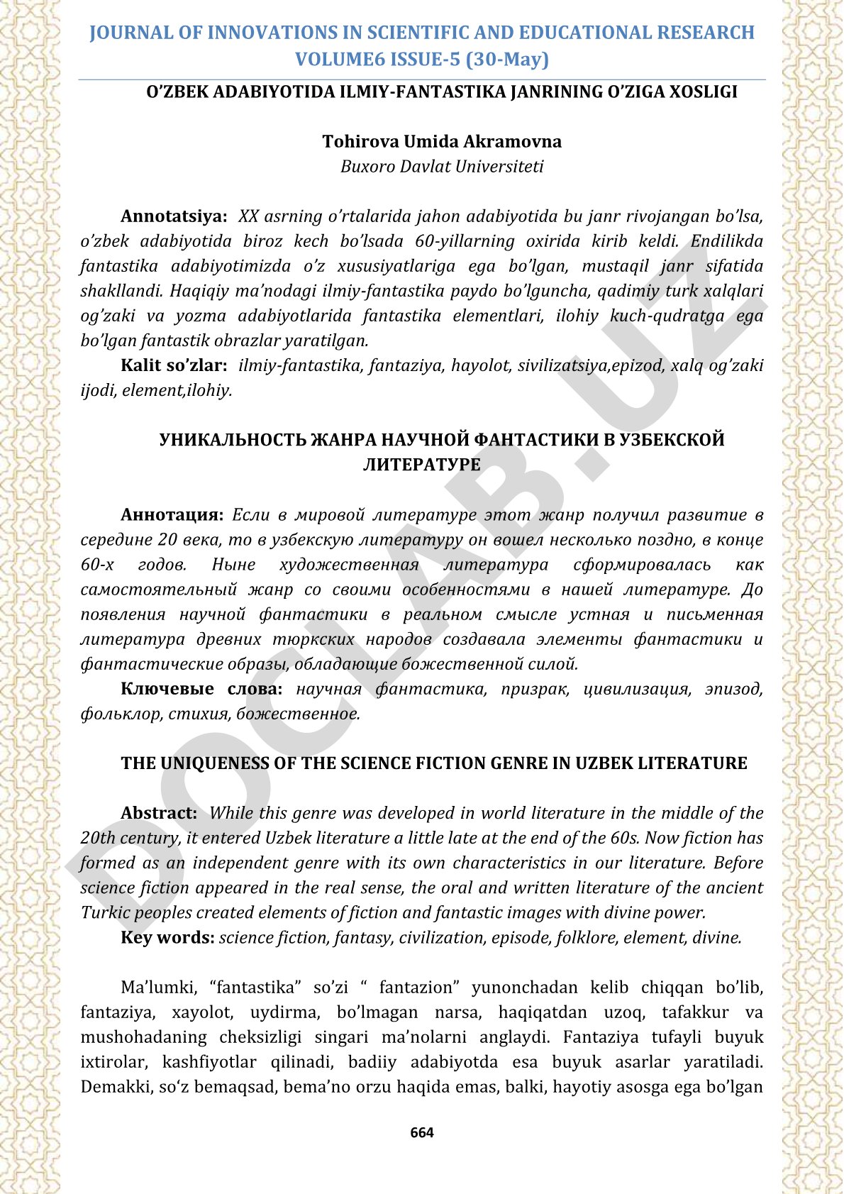 O'zbek adabiyotida ilmiy-fantastika janrining o'ziga xosligi