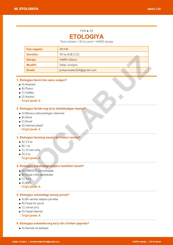 Etologiya faniga oid test to'plami