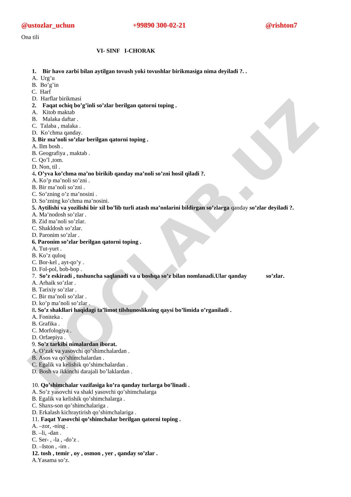 Ona tili VI sinf I chorak test savollari