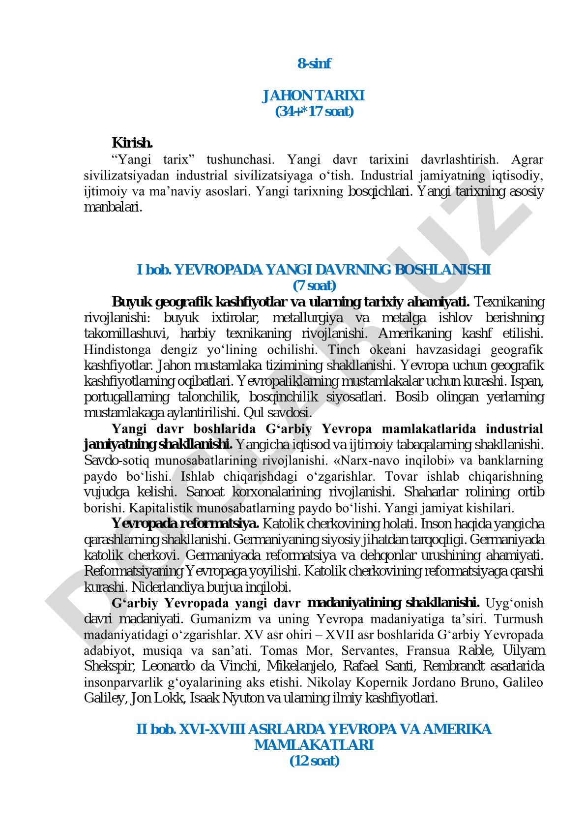 8-sinf JAHON TARIXI (34+*17 soat)
