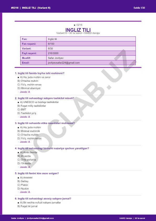 Ingliz tili fanidan test savollari (Variant 6)