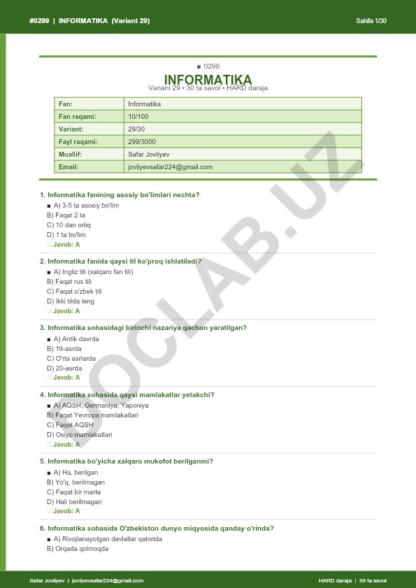 Informatika fanidan 30 ta savol (Variant 29)