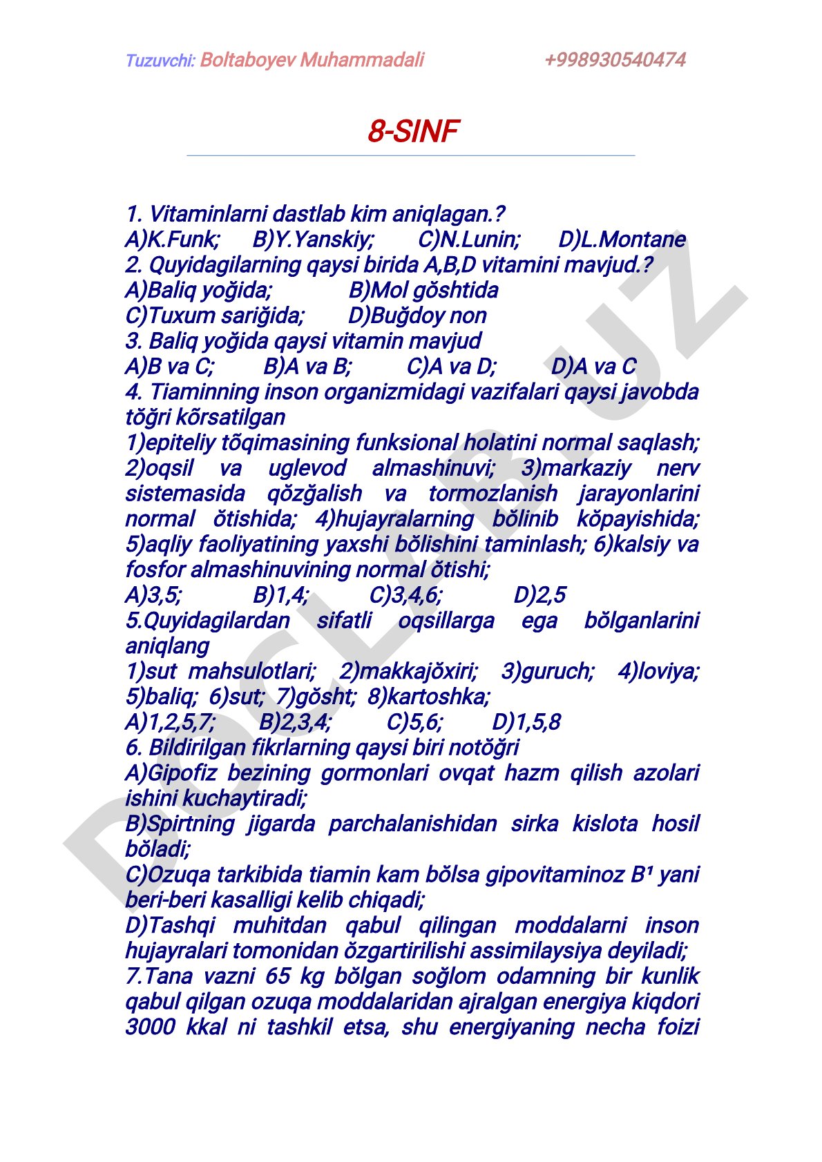 Vitaminlar va oqsillar haqida test savollari