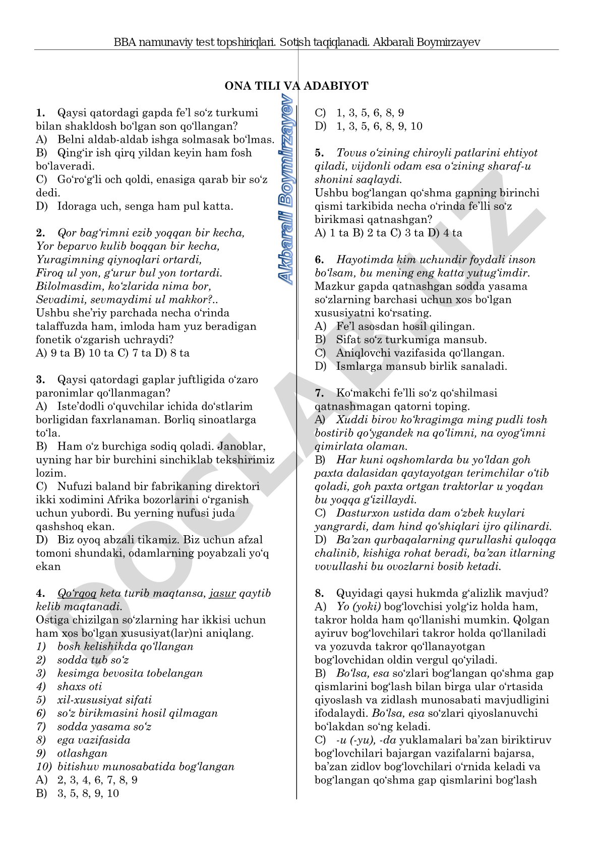 BBA namunaviy test topshiriqlari