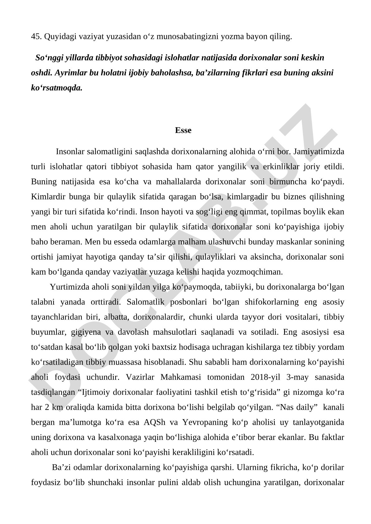 Tibbiyot sohasidagi islohatlar va dorixonalar sonining ko'payishi