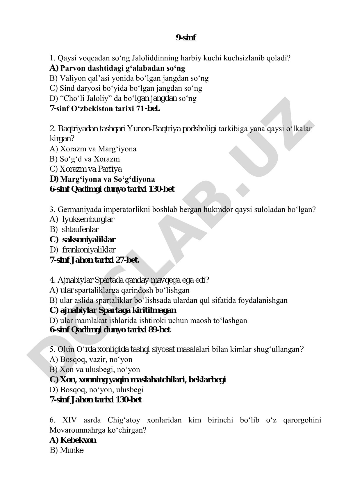 Tarix fanidan test savollari