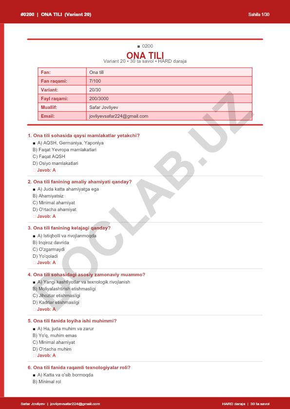 Ona tili fanidan test savollari (Variant 20)