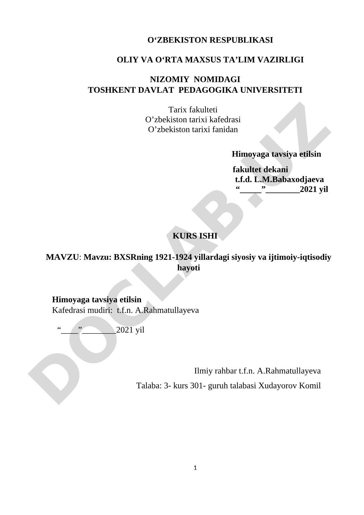 BXSRning 1921-1924 yillardagi siyosiy va ijtimoiy-iqtisodiy hayoti