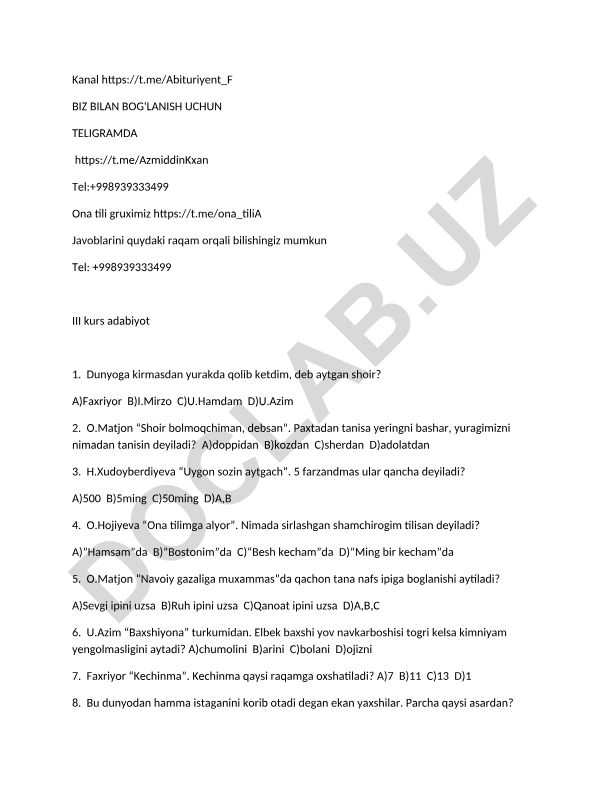 III kurs adabiyot fanidan test savollari va javoblari