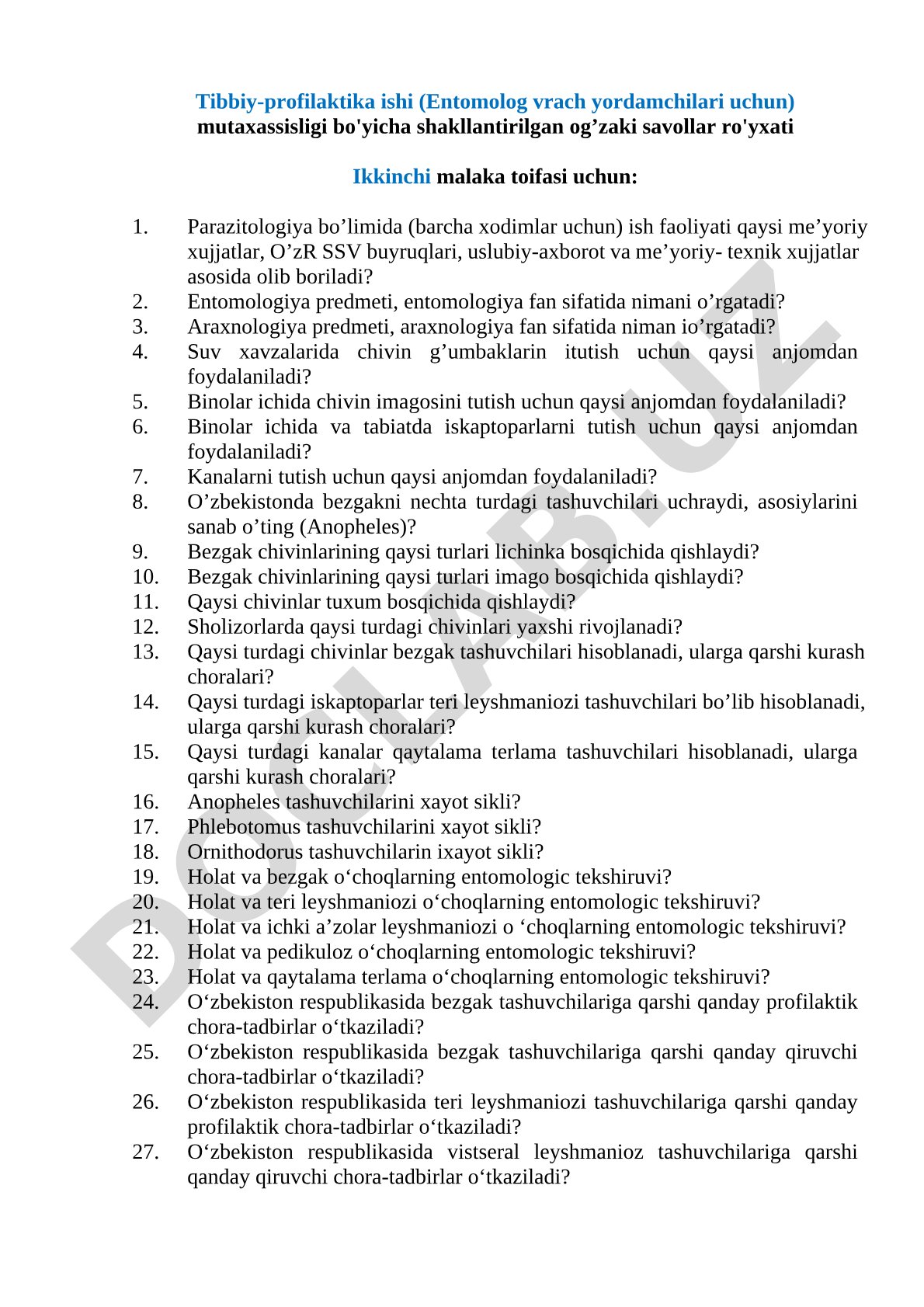 Entomolog vrach yordamchilari uchun og'zaki savollar ro'yxati