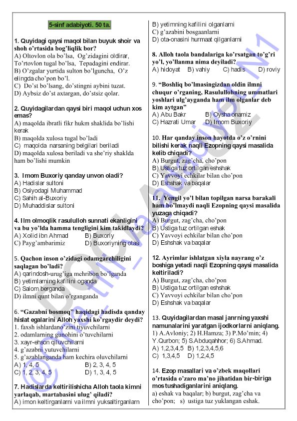 5-sinf adabiyoti test savollari