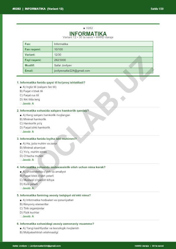 Informatika fanidan 30 ta savolli test (Variant 12)