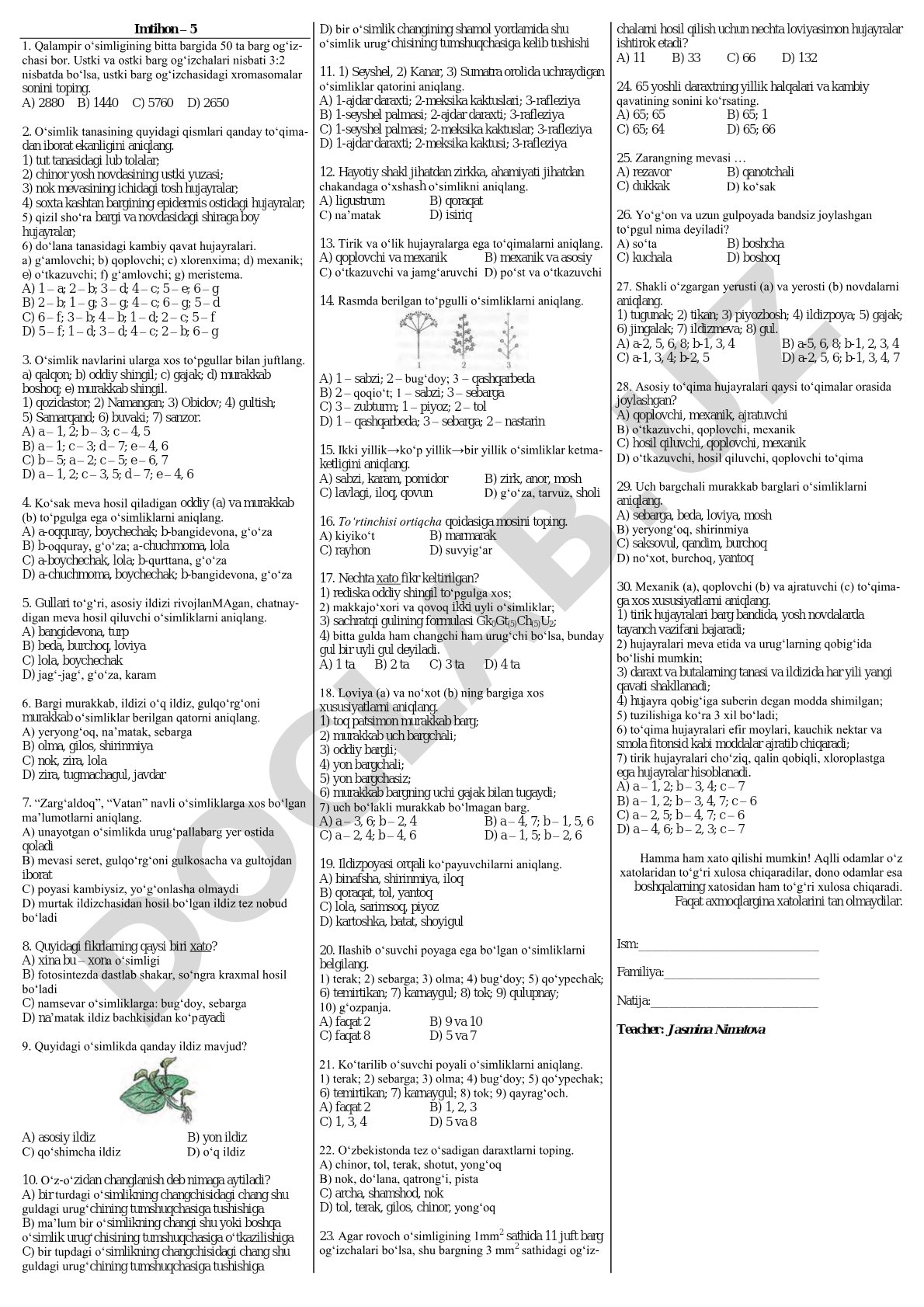 Biologiya imtihon savollari