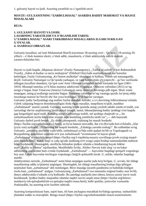 Gulxaniyning “Zarbulmasal” asarida badiiy mahorat va majoz masalalari