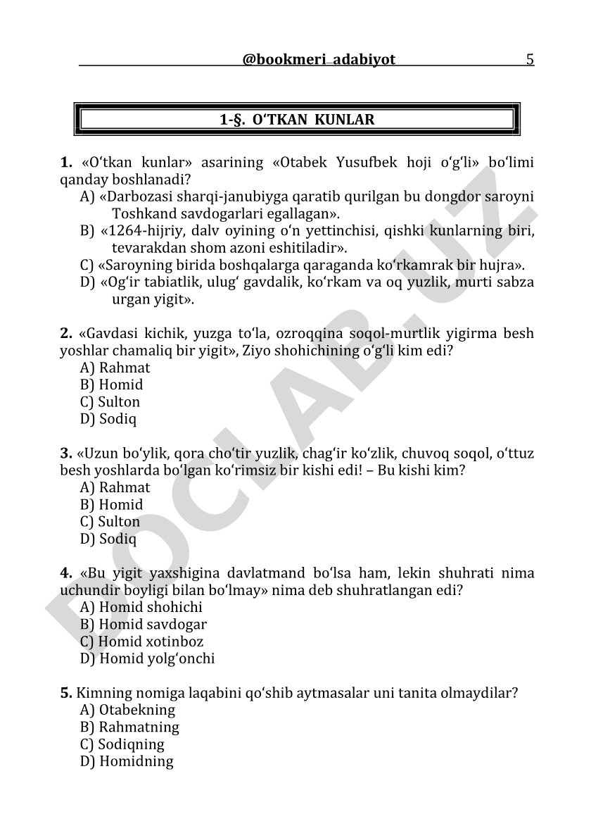 O'tkan kunlar asari bo'yicha test savollari