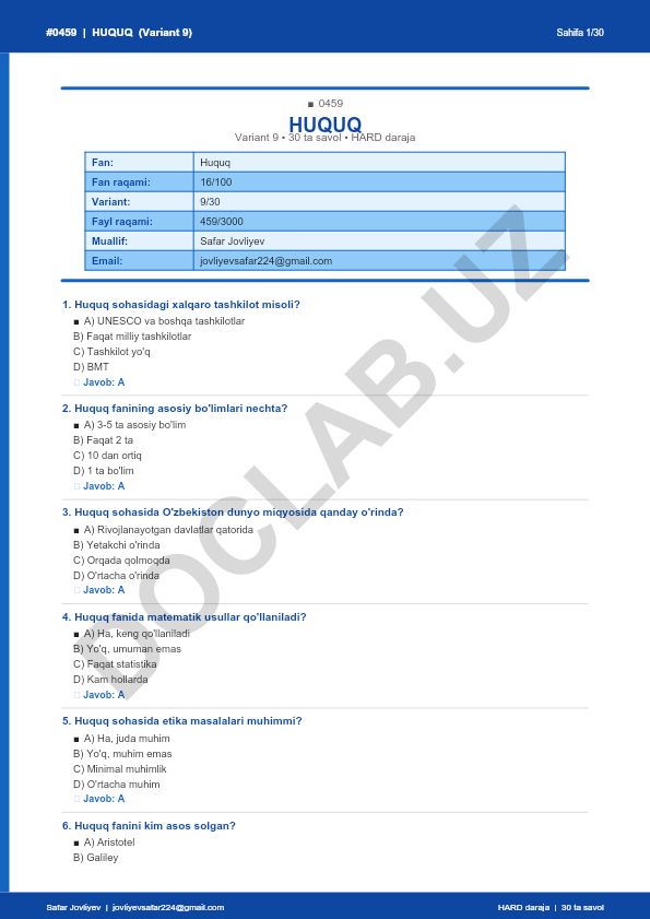 Huquq fanidan 30 ta savol testi (Variant 9)