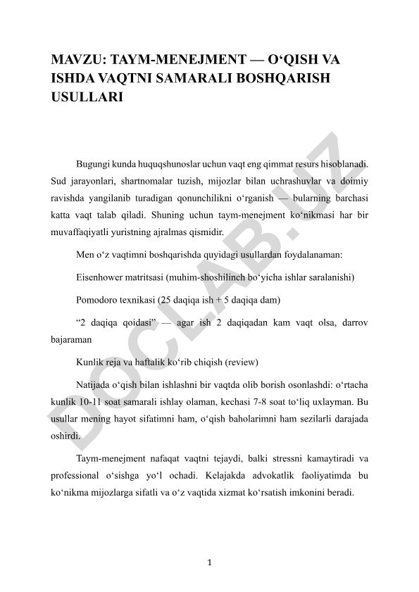 Taym-menejment — o‘qish va ishda vaqtni samarali boshqarish usullari