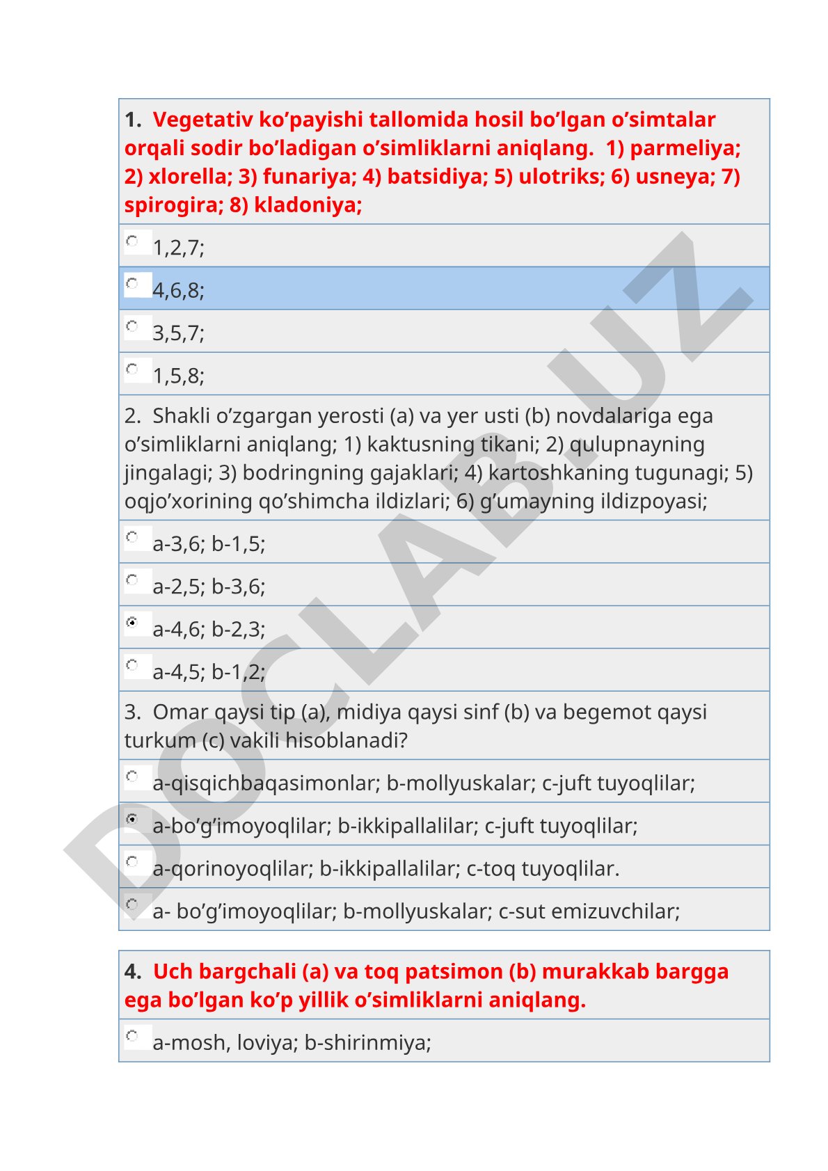 Vegetativ ko'payish va o'simliklar morfologiyasi test savollari