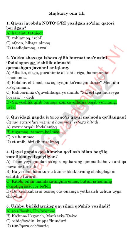 Ona tili test savollari va javoblari