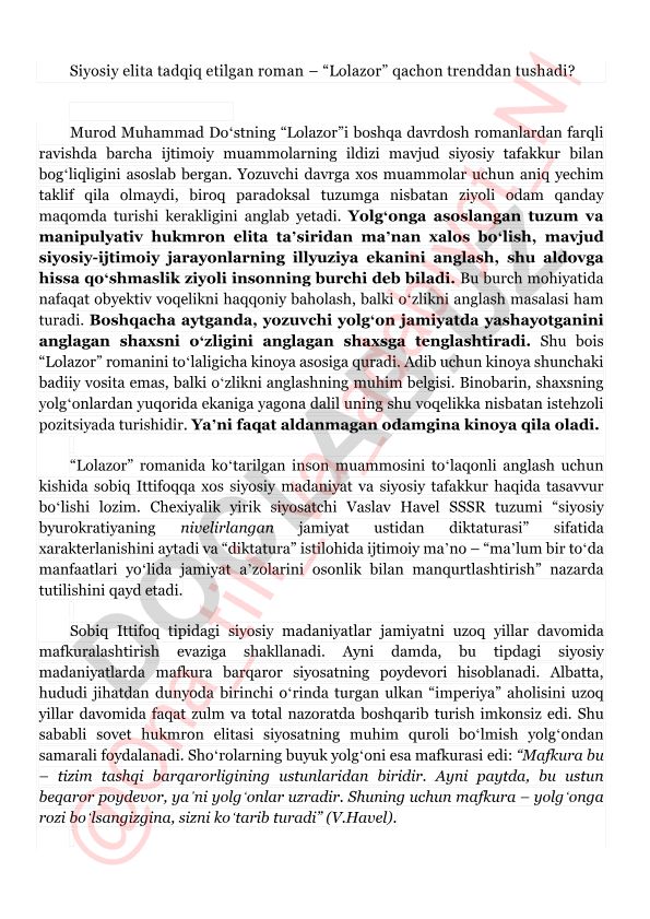 Siyosiy elita tadqiq etilgan roman – “Lolazor”