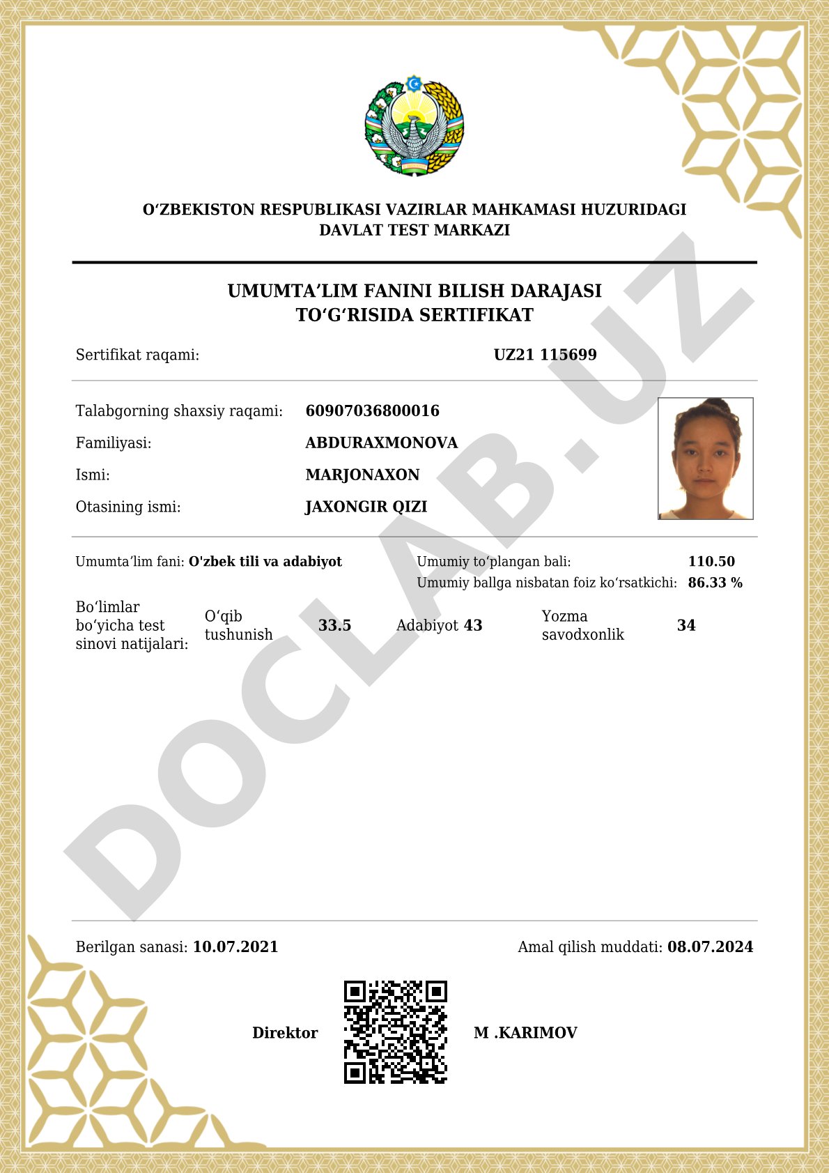 Umumtaʼlim fanini bilish darajasi to‘g‘risida sertifikat
