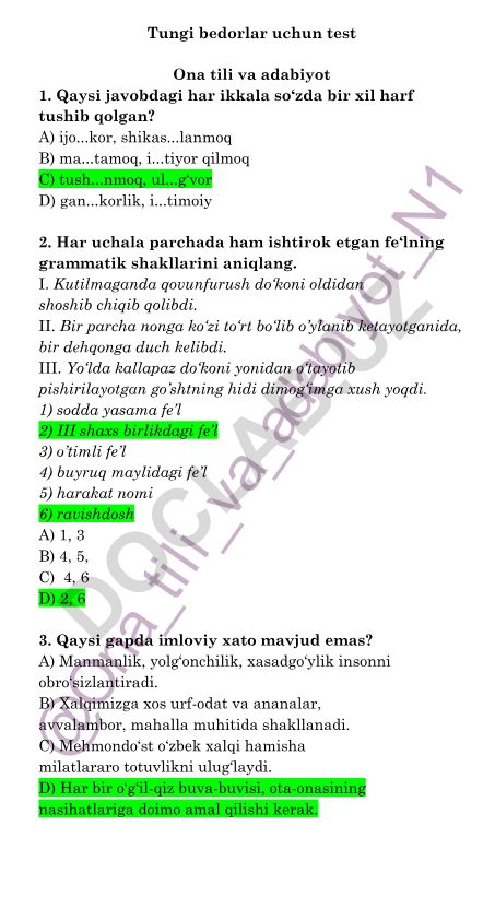 Ona tili va adabiyot fanidan test savollari