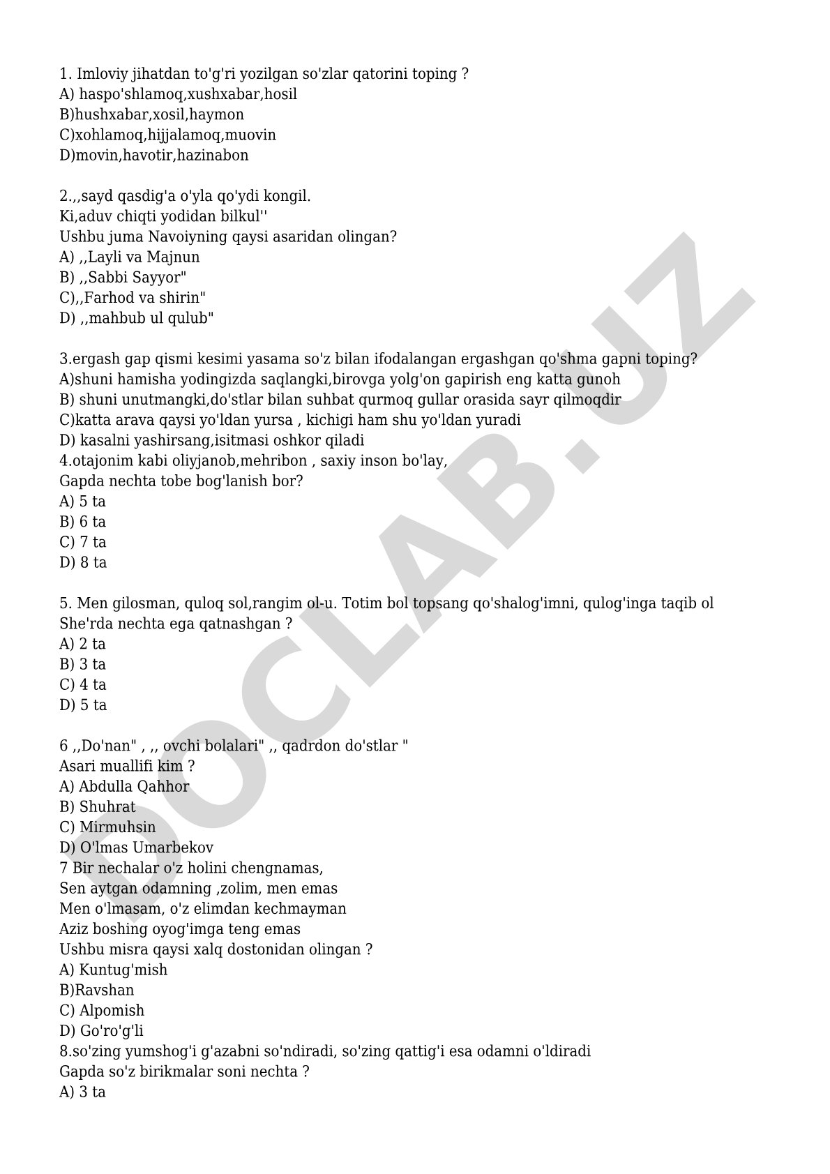 Ona tili va adabiyot fanidan test savollari