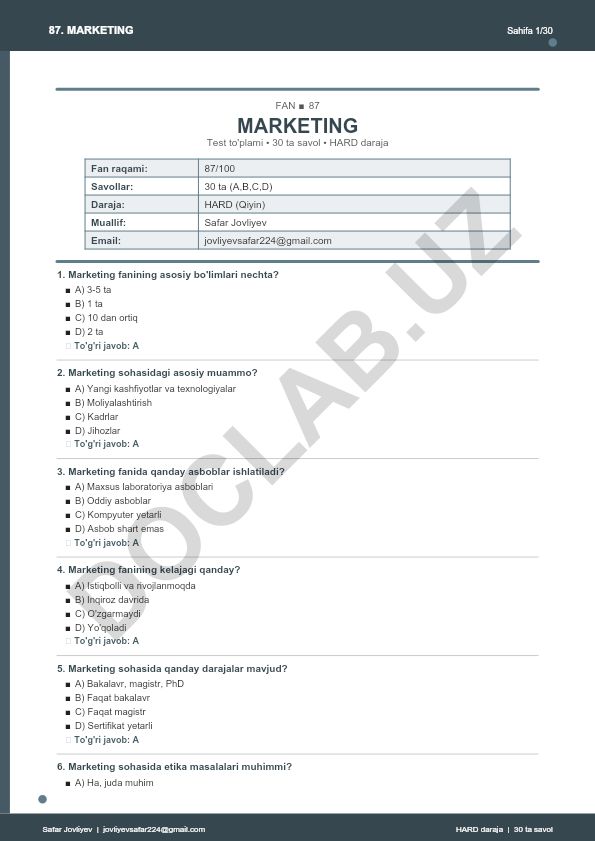 Marketing fanidan test to'plami - 30 ta savol