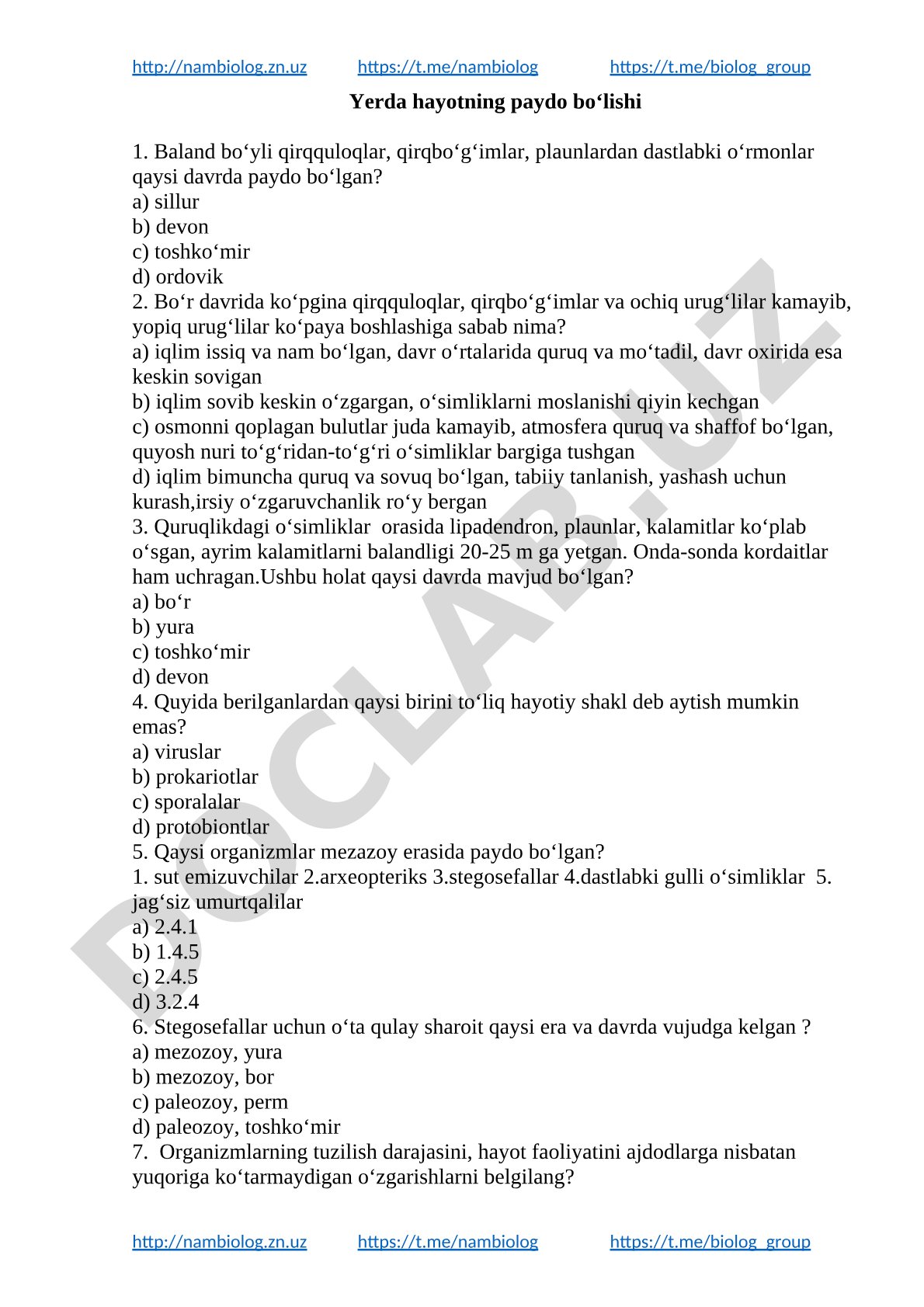 Yerda hayotning paydo boʻlishi test savollari
