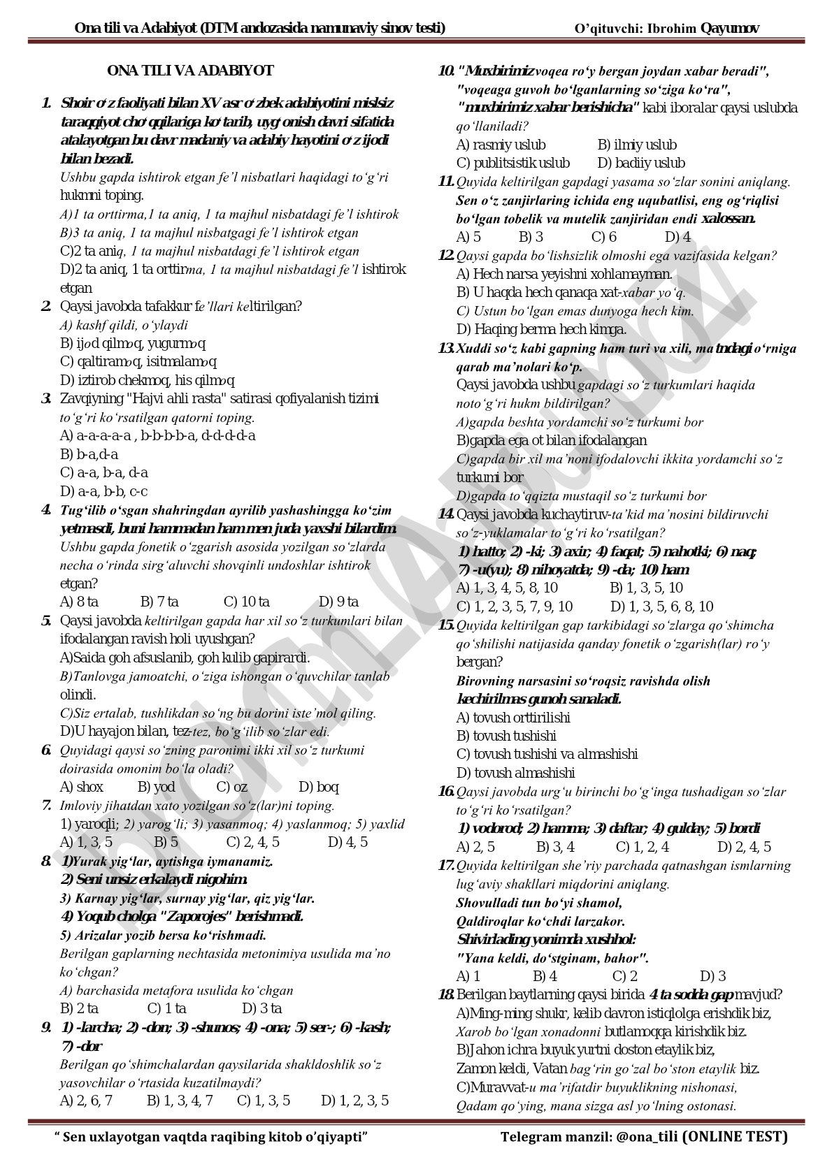 Ona tili va Adabiyot (DTM andozasida namunaviy sinov testi)