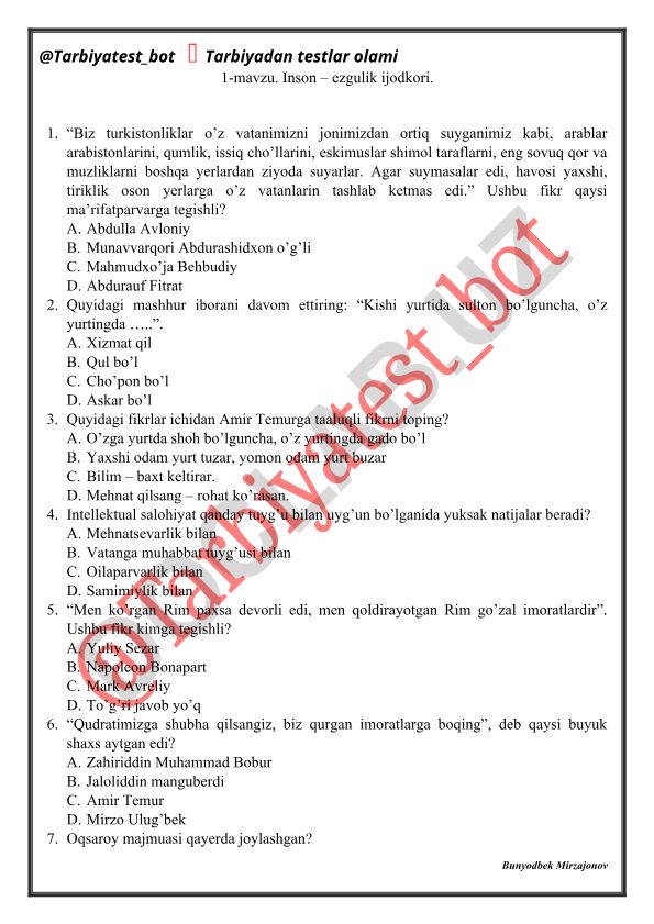 Tarbiyadan testlar - Inson ezgulik ijodkori