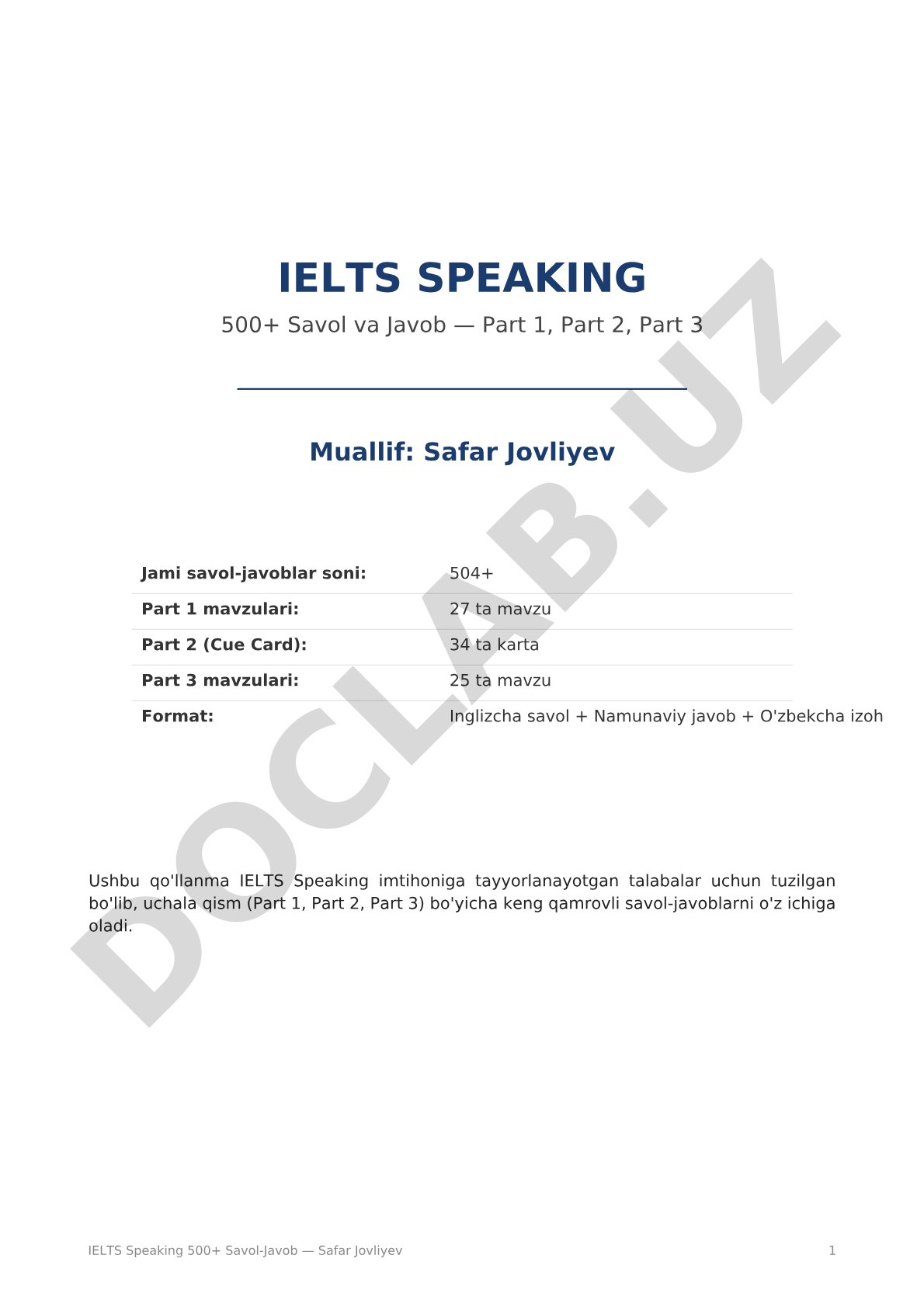 IELTS Speaking 500+ Savol-Javob