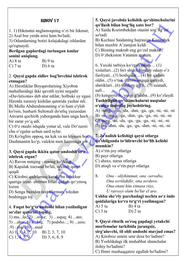 O'zbek tili test savollari va topshiriqlari