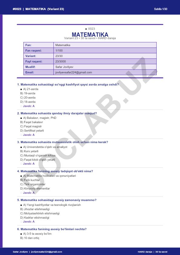 Matematika fanidan 30 ta savolli test (Variant 23)