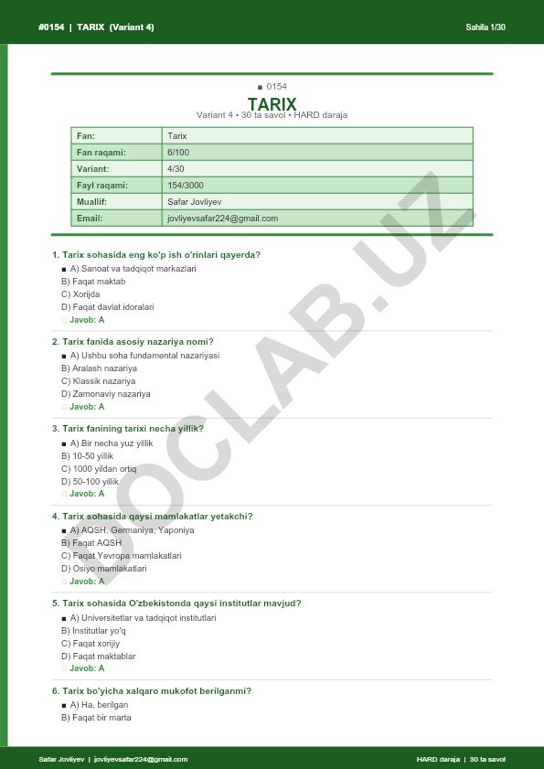 Tarix fanidan test savollari (Variant 4)