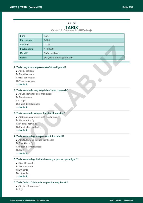 Tarix fanidan test savollari (Variant 22)