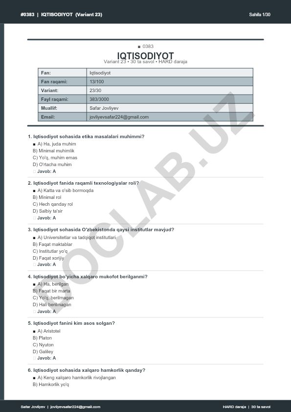Iqtisodiyot faniga oid test savollari (Variant 23)