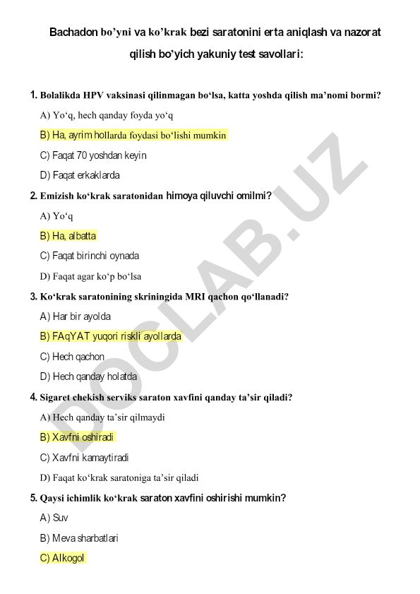 Bachadon bo'yni va ko'krak bezi saratonini erta aniqlash va nazorat qilish bo'yicha test savollari