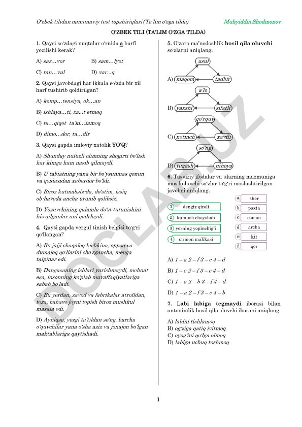 O‘zbek tilidan namunaviy test topshiriqlari (Ta’lim o‘zga tilda)