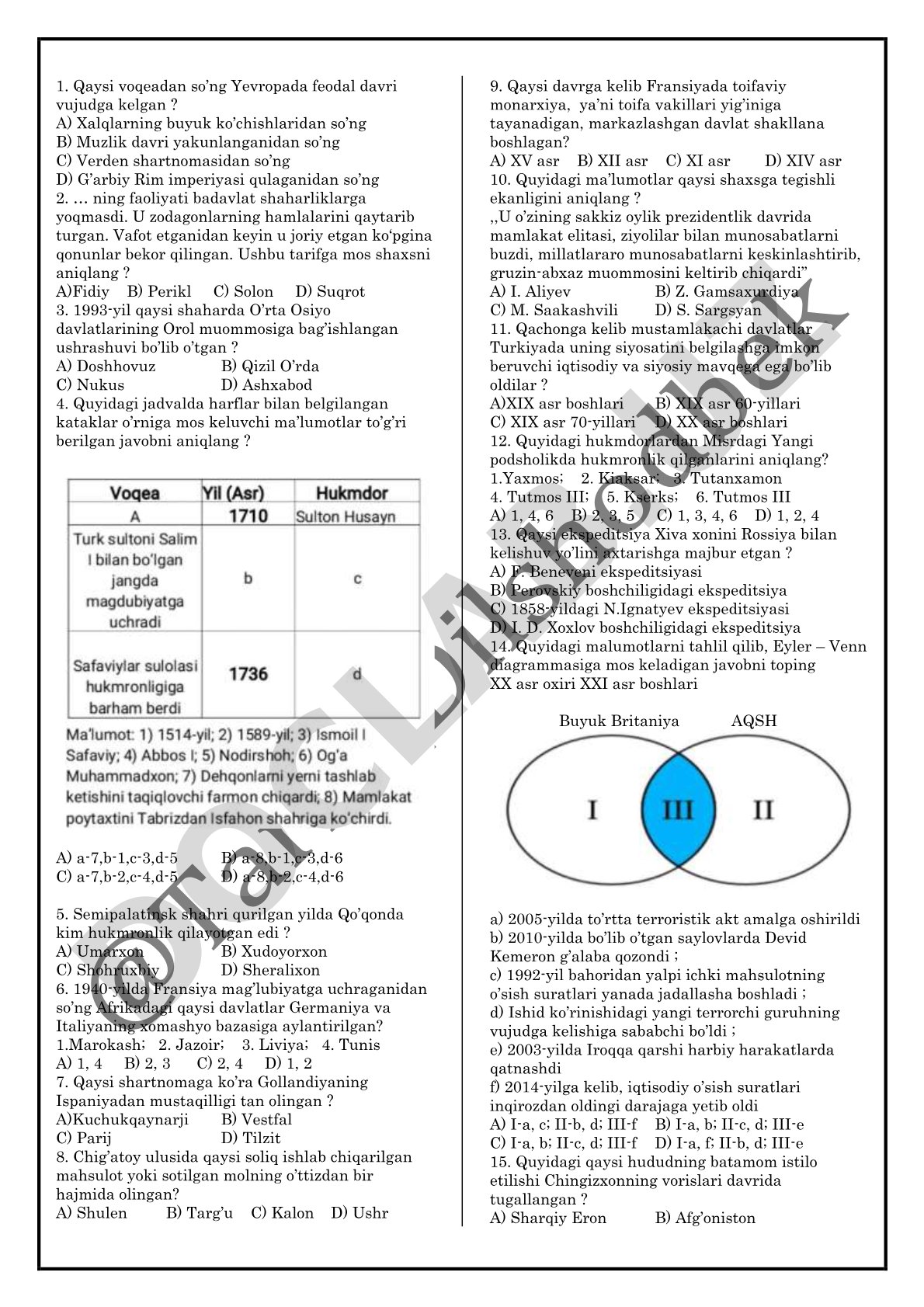 Tarix fanidan test savollari