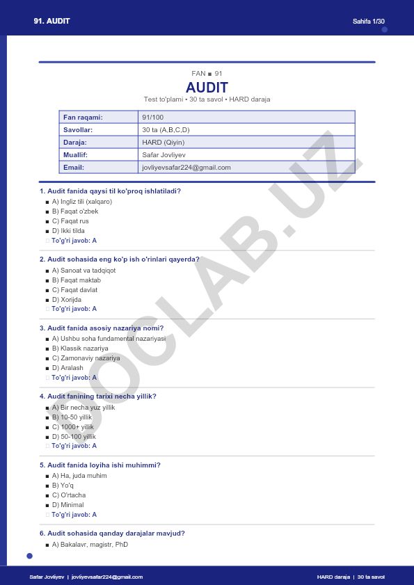 Audit fanidan test to'plami - 30 ta savol