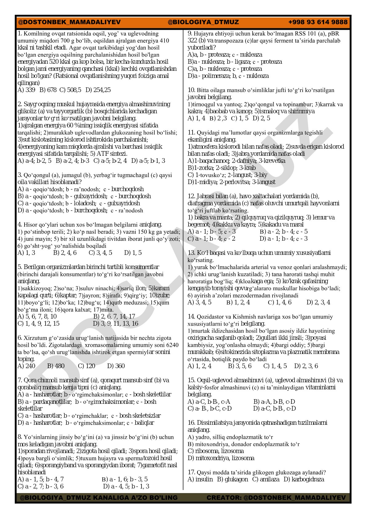 Biologiya fanidan test savollari