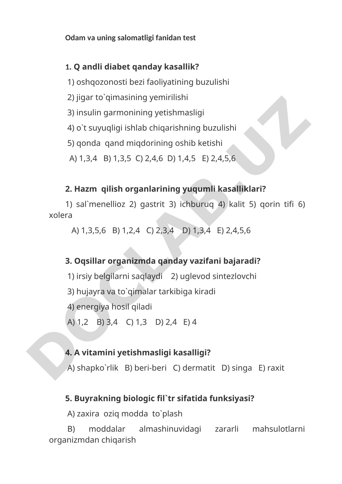 Odam va uning salomatligi fanidan test